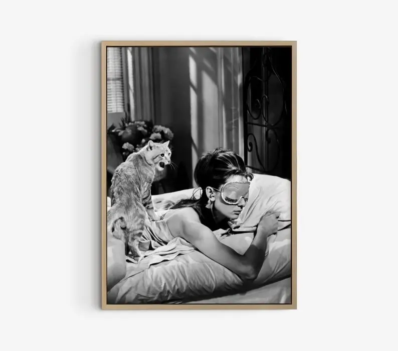 Audrey Hepburn Wall Art, Breakfast at Tiffanys Poster, Black and White Print, Vintage Photo, Classic Hollywood Art, Woman and Cat Wall Decor