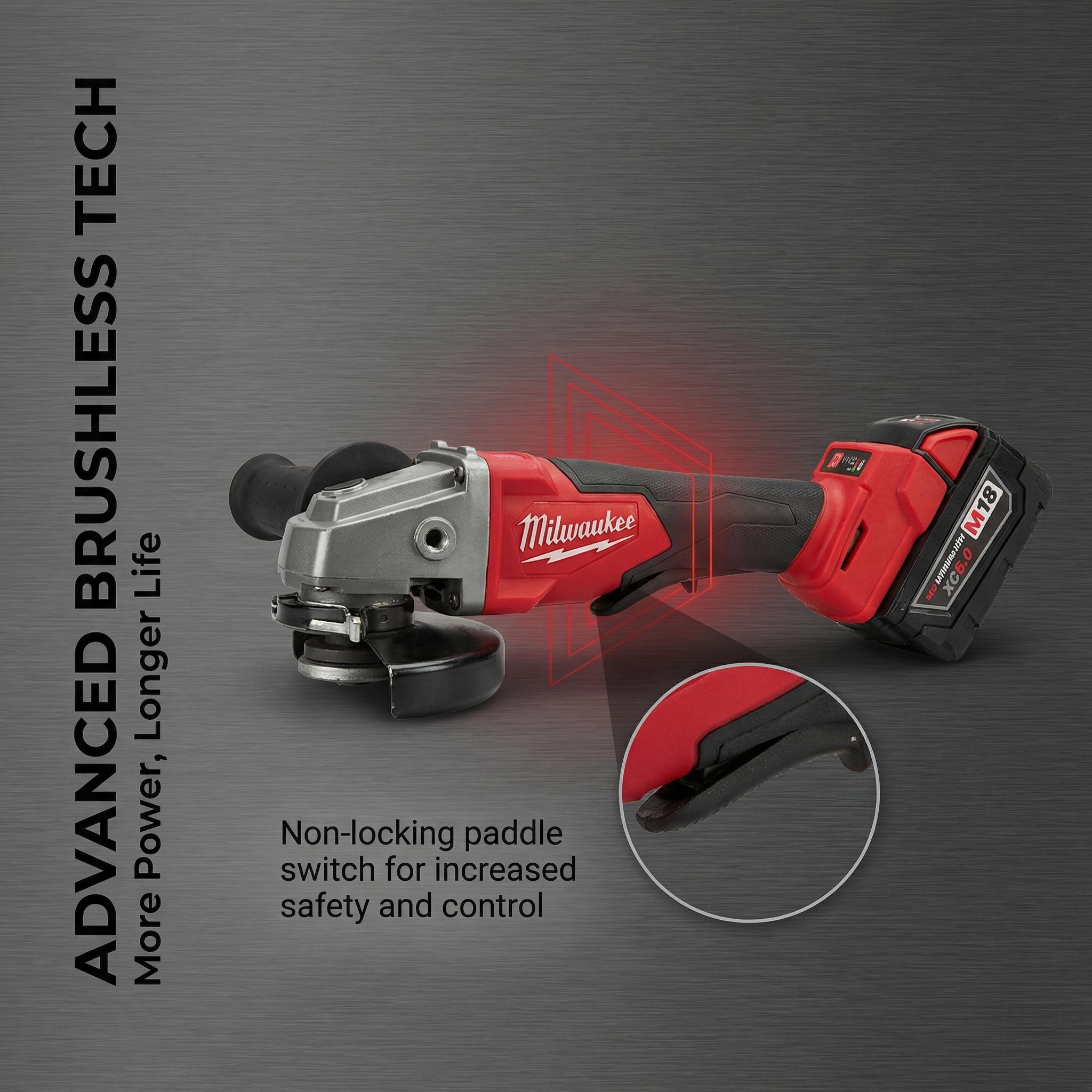 Milwaukee 18V Brushless 125mm Angle Grinder Featuring 8500 RPM Variable Speed and 33mm Cutting Depth, Professional M14 Spindle Power Tool for Metal Grinding and Heavy Duty Concrete Cutting Tasks in Construction Sites