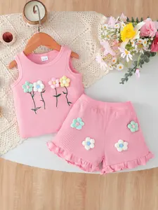 Cute Baby Girl Sleeveless Vest Shorts Set, Knitted for Outdoor Casual Wear, Active Style for Toddlers, Tops