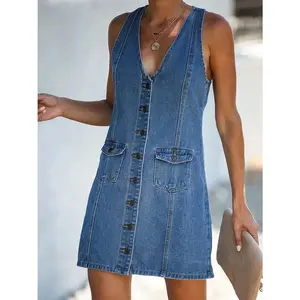 MW Women's Lady Denim Dress - Sleeveless V-Neck Button-Up Tank Style, Shiny Cotton Fabric, Twist Detail, Basic Comfortable Fit, Casual Skirt Dress for Daily & Outdoor Occasions