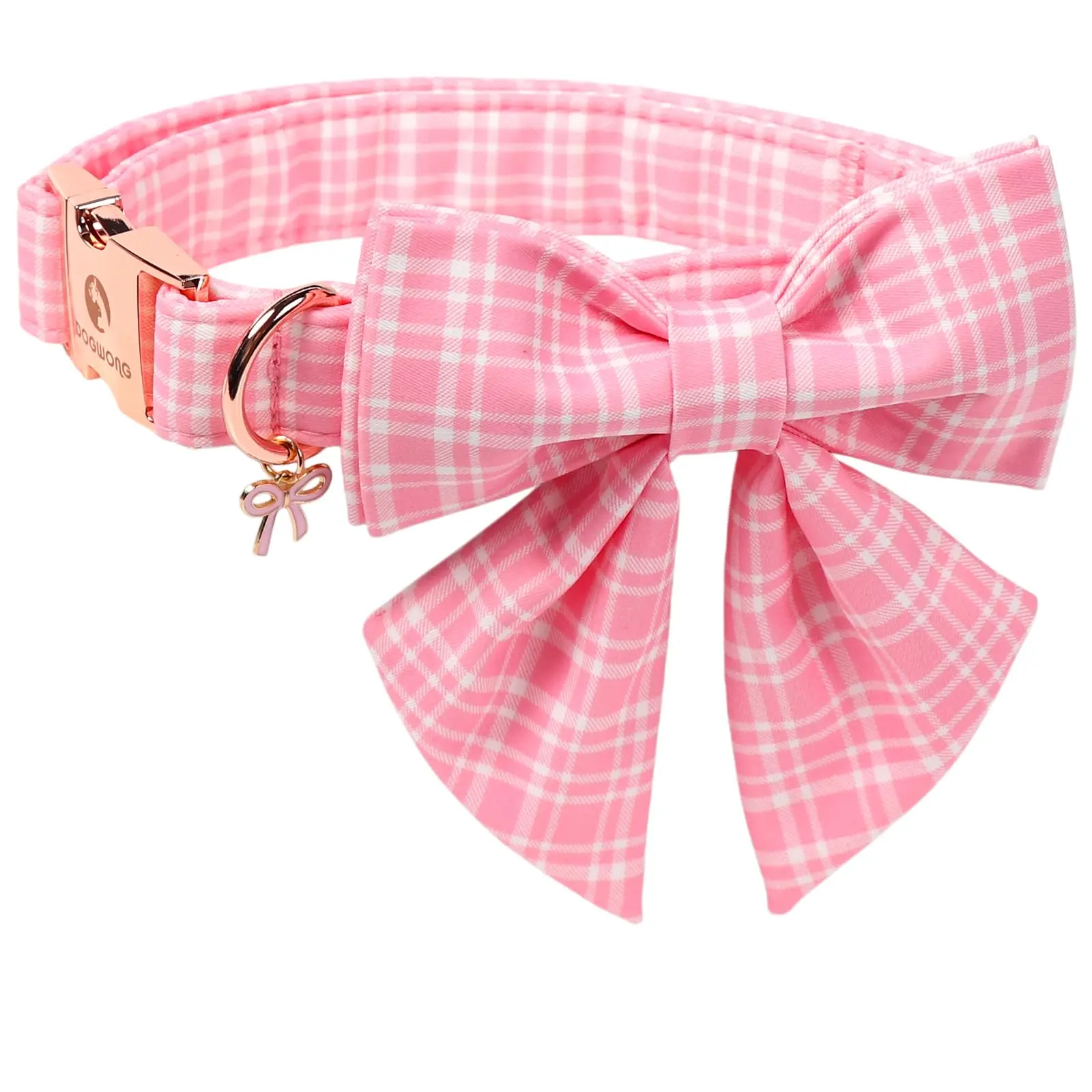 DOGWONG Cotton Chew-Resistant Adjustable Dog Collar - C-Pink Plaid with Sailor Bow, D-Ring, Roll Buckle, Secure Tags, Non-Customized, Hand Wash Only, Ideal for Female Dogs, Spring-Summer Use