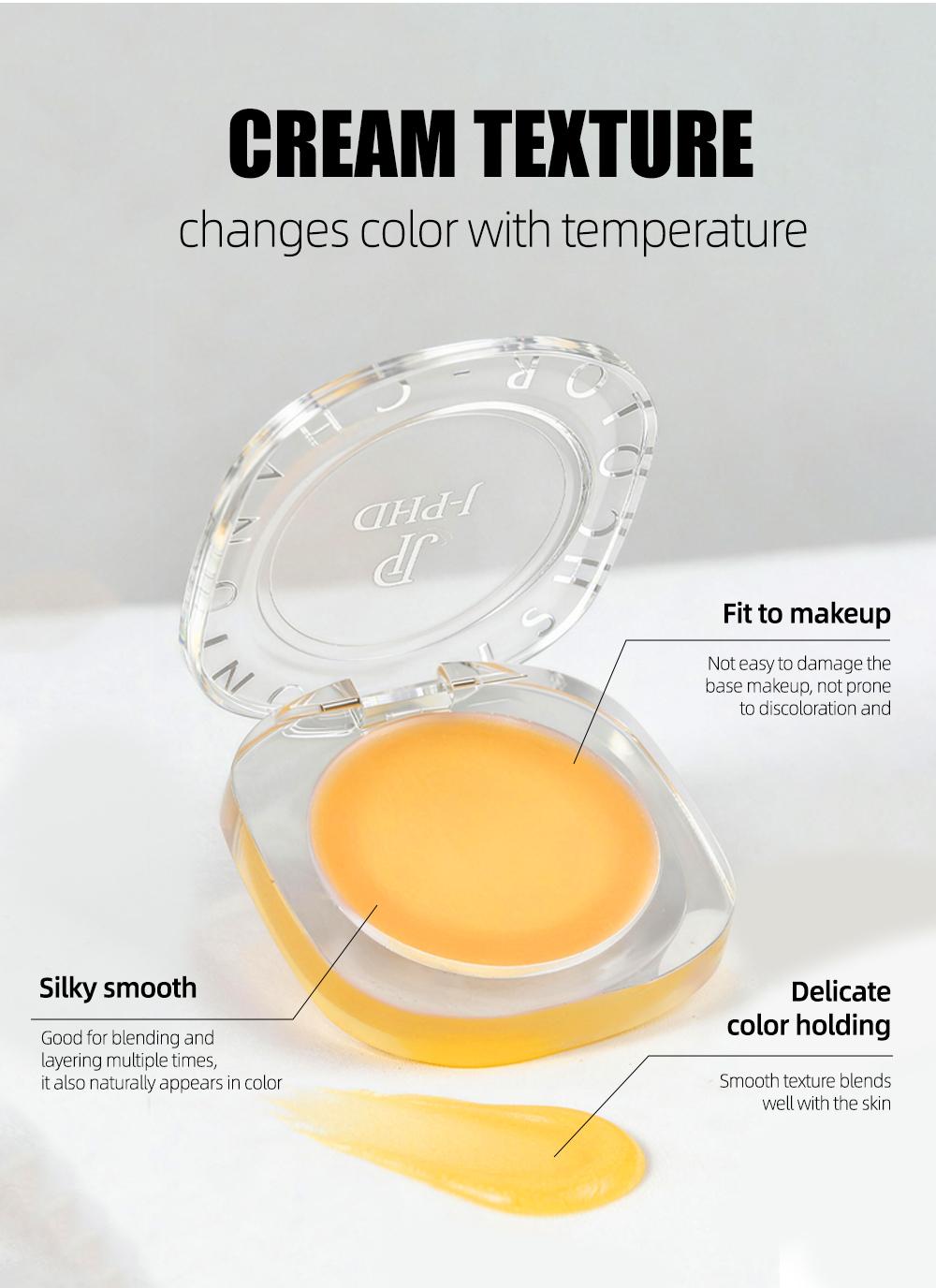 J-PHD Color-changing blush, a magical color-changing powder blush cream that can be used on cheeks, eyes, and lips. It provides long-lasting hydration, brightens skin tone, and has a high-shine yellow cream texture.