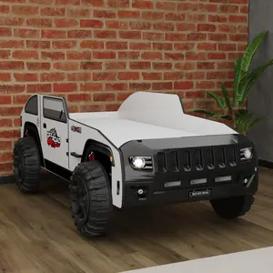 Overlander Car Bed, Kids Twin Novelty Jeep-Style Bed with LED Headlights, Durable ABS and Engineered Wood Frame, Black and White Finish by FOA