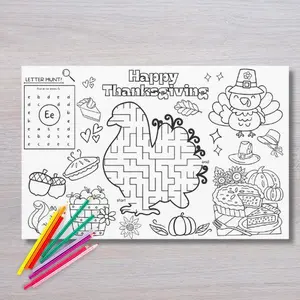 Thanksgiving Coloring Placemats Pack – 50 Disposable Kids Activity Placemats (11x17, 10 Designs, 5 Each) – Fun Holiday Dinner Table Games & Crafts