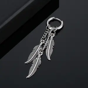 1pc Simple Design Cross Feather Tassel Earring Stainless Steel Fashion Geometric Pendant Stud Ear Jewelry Party For Women Men