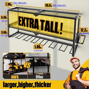 Collapsible Power Tool Organizer Wall Mount, Carbon Steel, 26" with 7 Drill Holders & Screwdriver/Hammer Storage, Max Load Capacity 150Lbs, Black Painted Finish for Garage or Workshop Organization, Workshop Space Saver, Utility Shelves