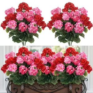 4 Pack Artificial Geraniums Outdoor UV Resistant, Outdoor Fake Flowers, Faux Flowers for Planters & Vases, Plastic Geranium Bouquets for Home Office Hotel Cottage Windowsill Table Centerpiece, Wedding Party Spring Decor, Decorative Faux Flowers