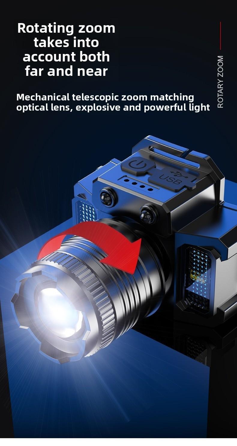 Rechargeable LED Motion Sensor Headlamp - 120000LM Zoomable, Adjustable Beam, Waterproof Head Torch with Red-Blue Warning Flash for Fishing, Hiking