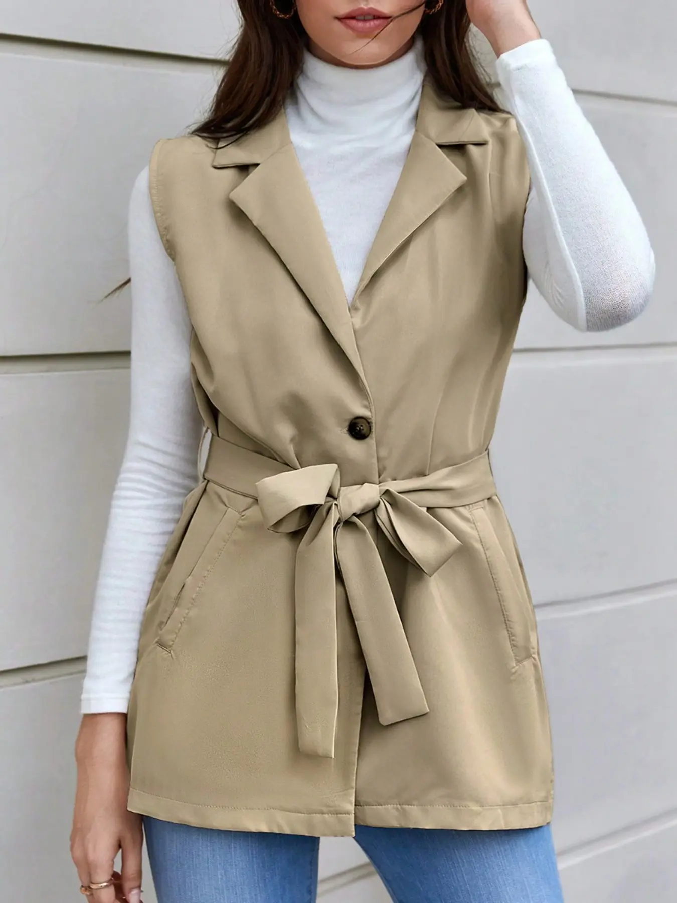 Vintage British Style Waist-Tied Vest Jacket, Spring & Fall Streetwear Layering, Sleeveless Fitted Windbreaker, Elegant Design