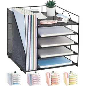 5-Tier Paper Letter Tray Organizer with File Holder-Desk Organizer for Office Supplies (Black)