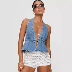 Washed Denim Backless Halter Top