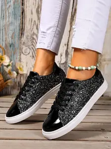 Fashionable sequined flat bottomed round toe casual single shoe for women, decorated with sparkling rhinestones and lace up design stickers, comfortable and fashionable, available in multiple colors, a daily high-end and casual women's shoe, Trainers