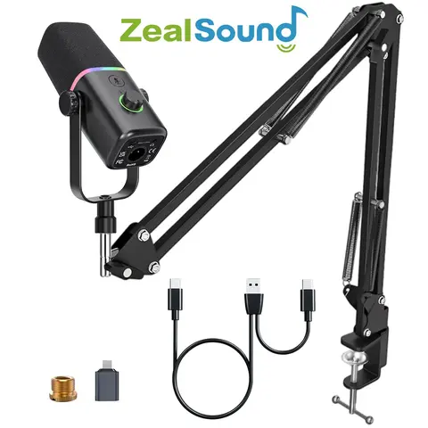 ZealSound KD8S Narrow XLR/USB Dynamic Microphone - Streaming Equipment for YouTube, Mobile, iPhone 5 & Newer, PS5, PS4 Pro, PC, Laptop, Mixer, Sound Card with Boom Arm Stand, RGB Light, Mute Button, Mic Gain, Headphone Jack, USB Adapter (Not for Xbox)