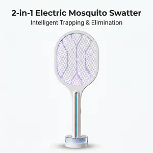 3-in-1 Electric Fly Swatter, 3000V EV Superconductor Mesh Mosquito Killer with Purple Attractant Light,Flame-Retardant PC，Desktop & Wall-Mounted Modes, Dual Charging Bases, Visible Power LED，2-Layer Safety Mesh for Indoor Home Backyard Pat Rechargeable