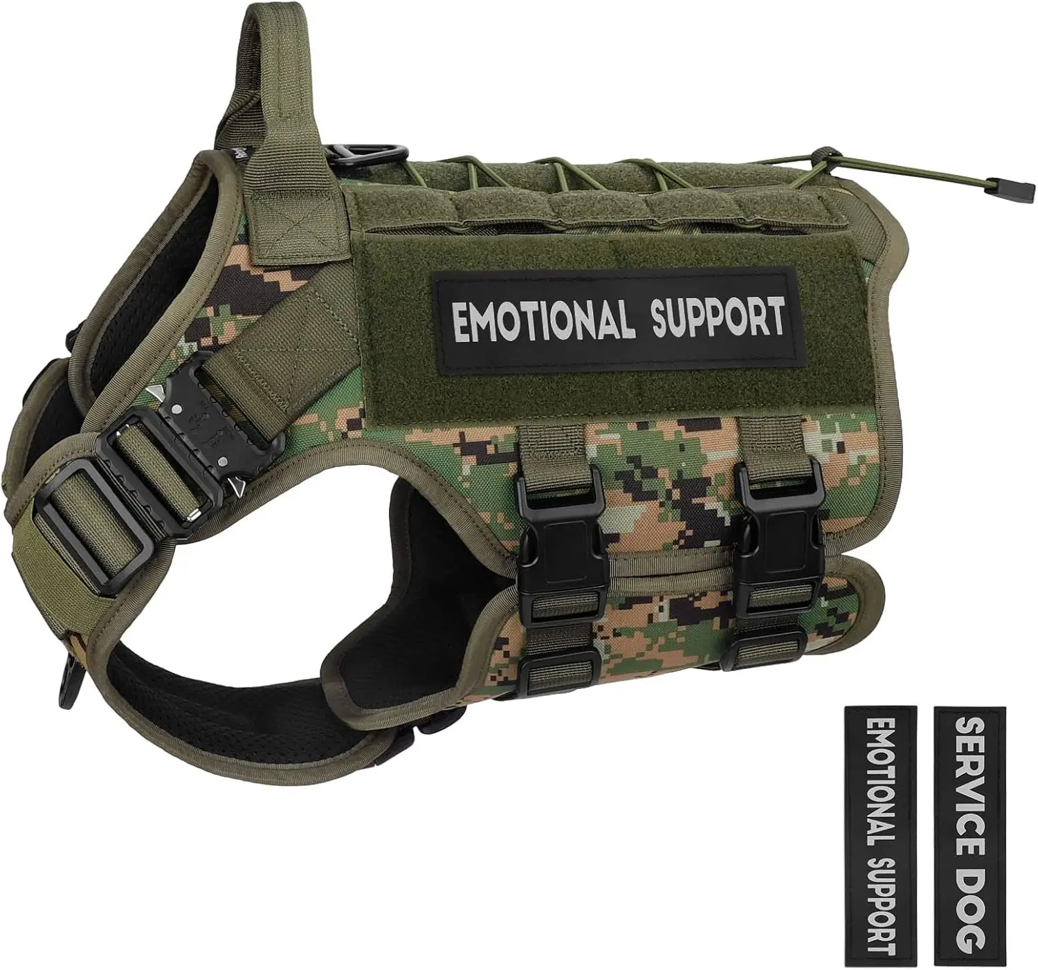 Petnanny Tactical Dog Harness Service Vest for Large Dogs Woodland Camo XL | Tactical Dog Vest with no pull, handle, hook loop, MOLLE, 2 metal buckles, ideal no pull harness for K9 training daily walks