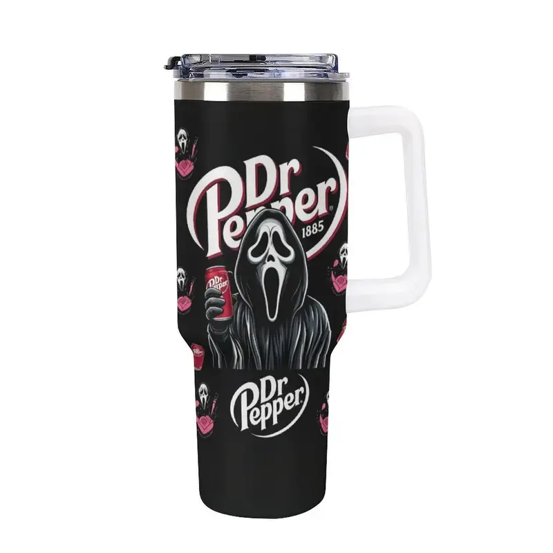 DrPepper Ghostface 40oz Tumbler with Handle & Straw, Halloween Horror Travel Mug, Insulated Stainless Steel Cup, Spooky Dr Pepper Lover Gift, Large Coffee Tumbler for Hot & Cold Drinks, Car Cup Holder Friendly