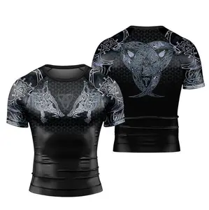 Geri & Freki Tattoo Viking Men's Short Sleeve Rash Guard – Norse Mythology-Inspired Design, Bold Geri & Freki Wolf Graphic, Perfect for Workout, Outdoor Adventure, and Activewear, Ideal Gift for Viking & Mythology Fans