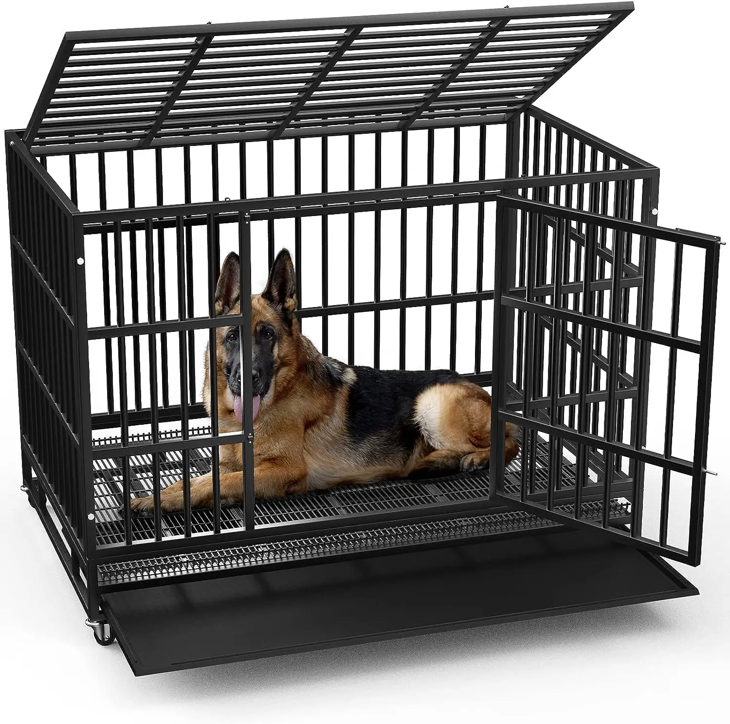LEMBERI 48/38 inch Heavy Duty Indestructible Dog Crate, Escape Proof Dog Cage Kennel with Lockable Wheels,High Anxiety Double Door,Extra Large Crate I
