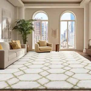 Large Rugs for Living Room, 8x10 White and Beige Fluffy Bedroom Area Rug, Shag Geometric Soft Fuzzy Carpets Big  Room Rug, Non-Slip Plush Modern Rug for Office Home Decor Aesthetic