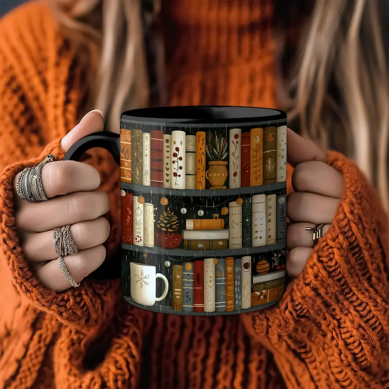 Bookish Coffee Mug for Book Lovers, Reading Mug, Cozy Bookshelf Coffee Cup, Literary Gift for Readers, Cute Book Lover Mug, Hot Cocoa Tea Cup, Library Inspired Drinkware, Reading Nook Mug, Bookworm Gift, Book Club Mug, Reader Appreciation Gift