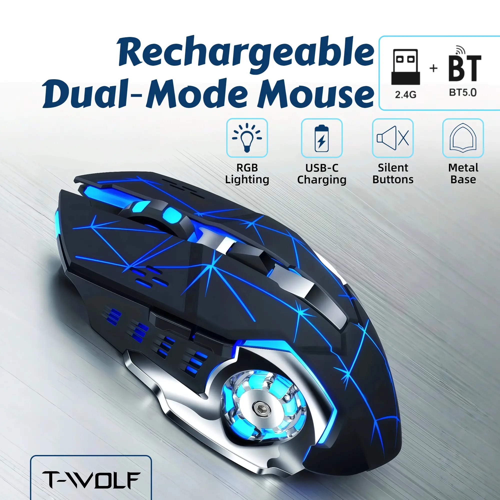 T-WOLF Rechargeable Gaming Mouse, RGB Lighting, BT 5.0 + 2.4G Dual-Mode Wireless, Silent Full-Size Ergonomic Design, for PC, Laptop - Black/White/Gray