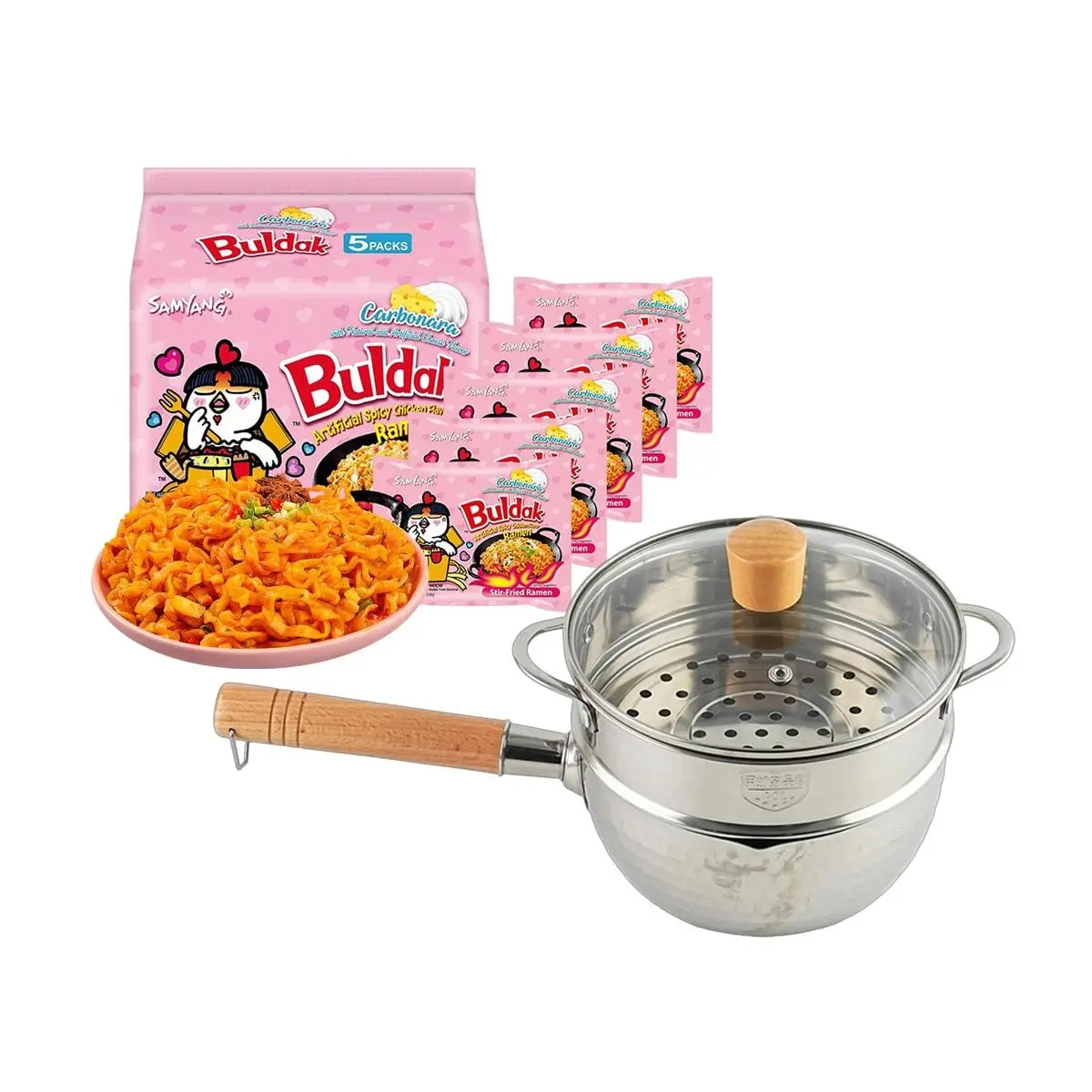 Samyang Buldak Creamy Cheese Ramen Noodles 5-Pack (650g) - Pink Halal Certified Instant Korean Spicy Noodles with 18cm Japanese Style Hammered Stainless Steel Milk Pot