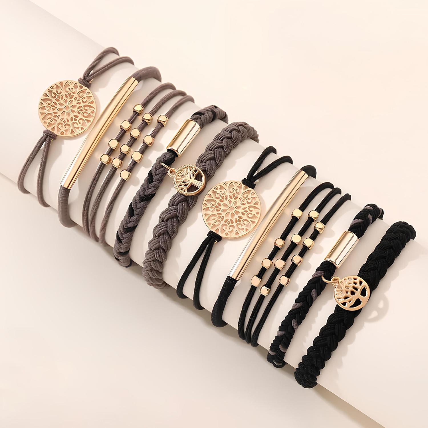 10 Boho Bracelets, Braided & Stretch Hair Ties for Thick/Thin Hair, 5 Styles, Light Coffee Colors - No Damage Ponytail Holders