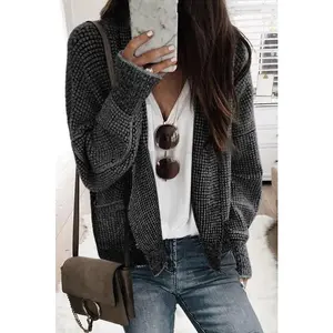 Black Chunky Knit Pockets Drop Sleeve Cardigan