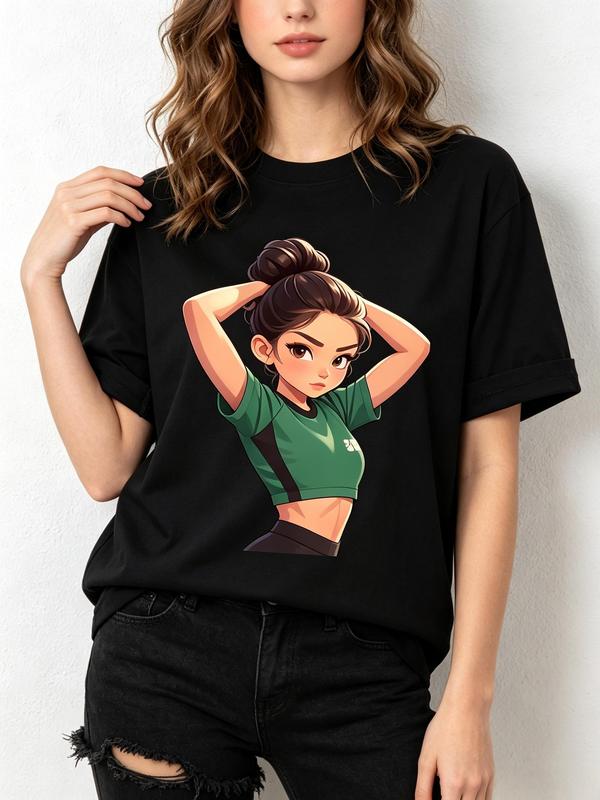Women’s Black Fitted Pure Cotton Short Sleeve Crew Neck Top - Viral TikTok Fitness Aesthetic, Sassy Chibi Print, High Messy Bun Green Cropped Design, Hands Up Hair Cartoon, Breathable Gym Daily Street Wear by Sohochic