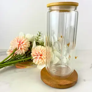 16 oz Snowglobe Glass Blank Snow Globe Tumbler with Bamboo Lid & Clear Plastic Straw Reusable Cup for Cold Beverages