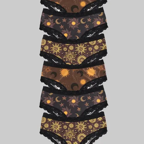 6-Pack Women's Low-Rise Panties with Lace Trim, Comfortable Celestial-Print Underwear for Everyday Wear, Lacy Panties