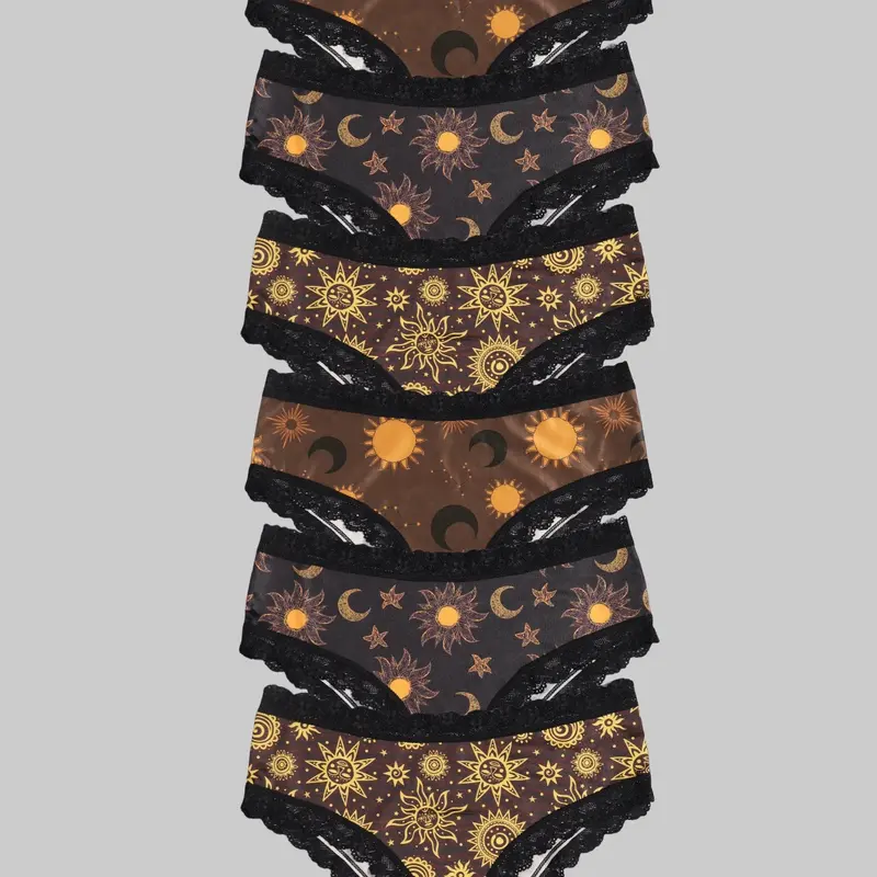 6-Pack Women's Low-Rise Panties with Lace Trim, Comfortable Celestial-Print Underwear for Everyday Wear, Lacy Panties
