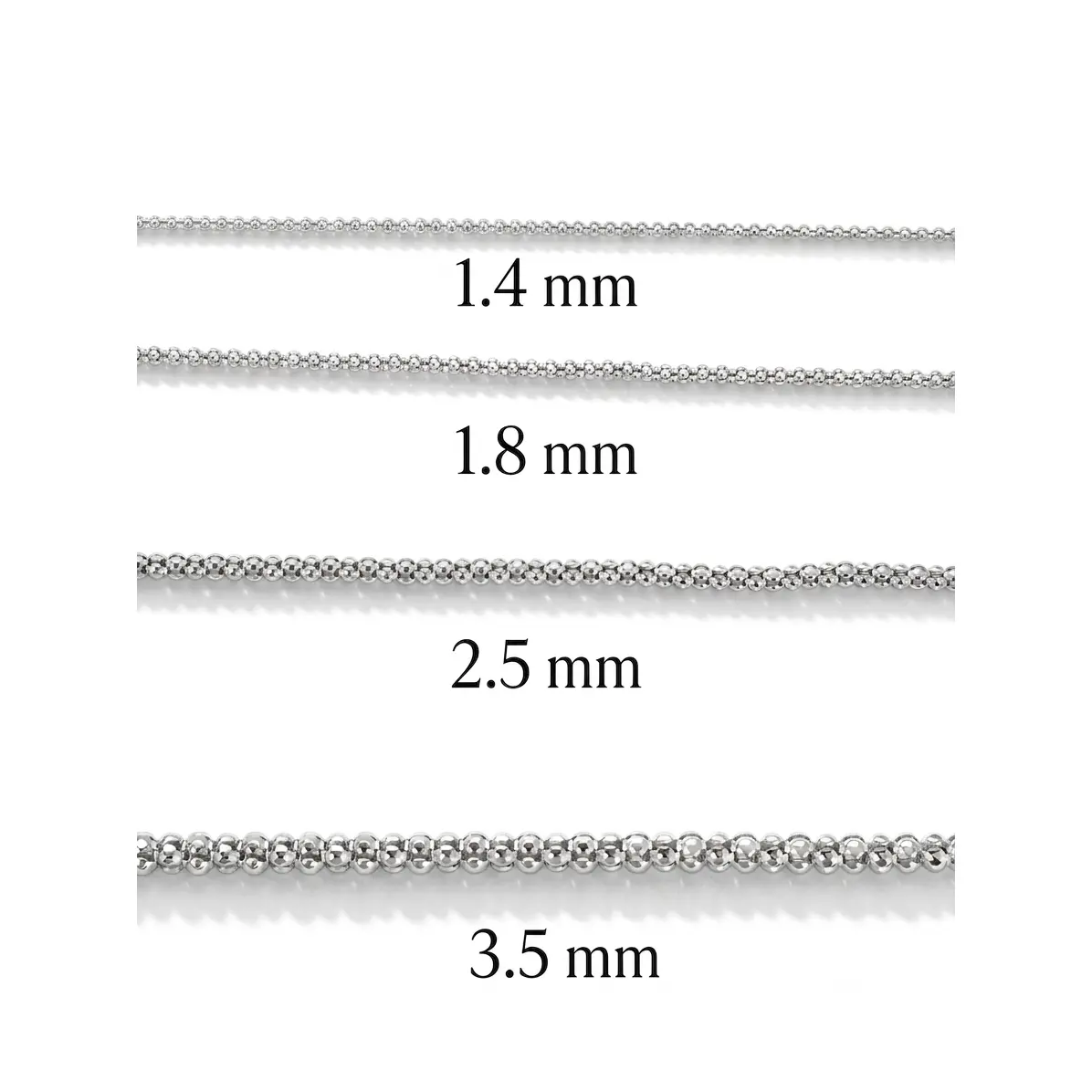 Popcorn Chain Necklace Rhodium Plated 925 Sterling Silver Italy 1.4-3.5mm