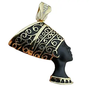 GOLD BLACK EGYPTIAN JEWELRY QUEEN NEFERTITI LARGE HIP HOP STYLE CHARM PENDANT FOR UNISEX MEN WOMEN