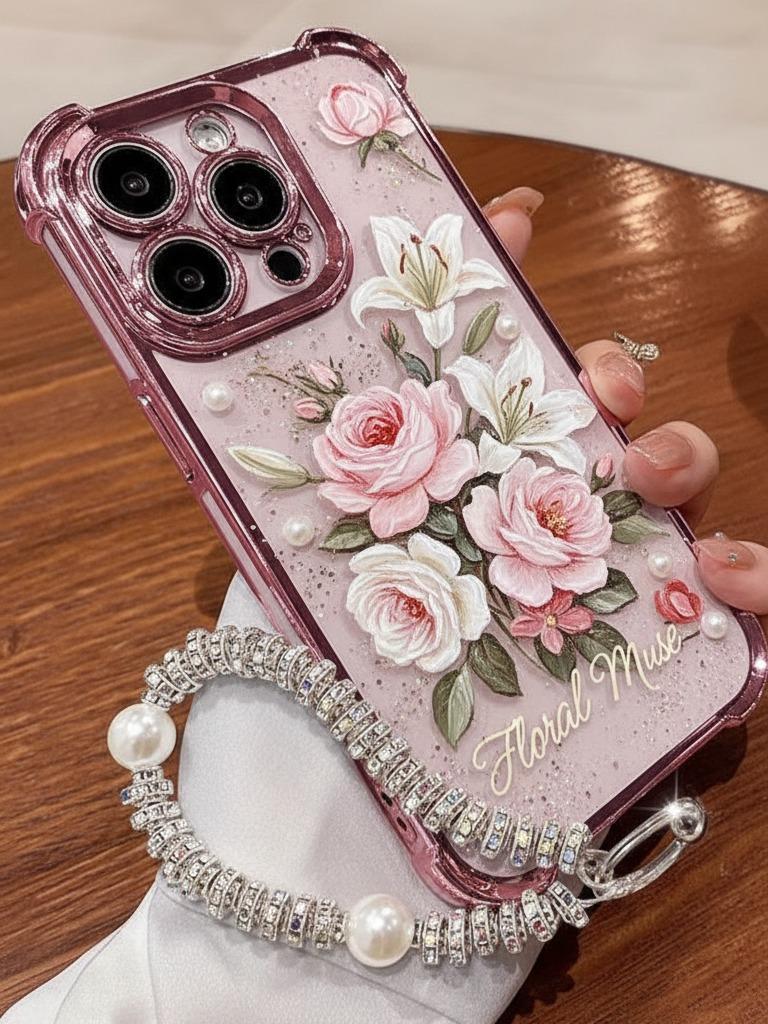 Five Butterflies Pattern Women's Phone Case for iPhone 11/12/13/14/15/16/17 Pro Max, Pink Chrome Alloy Frame Reinforced Corner Protection Protective Phone Cover