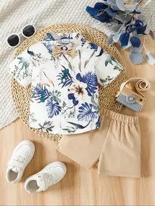 Baby Boy Bottom Blue Floral Tropical Print Short Sleeve Set, Bow Tie Decor Top, Loose Waist Shorts, Casual Summer