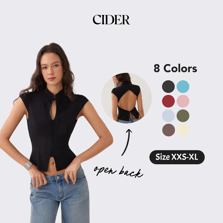 Cider Stand Collar Short Sleeve Tie Front Cut Out Backless Slim Blouse Cider Stand Collar Short Sleeve Tie Front Cut Out Backless Slim Blouse