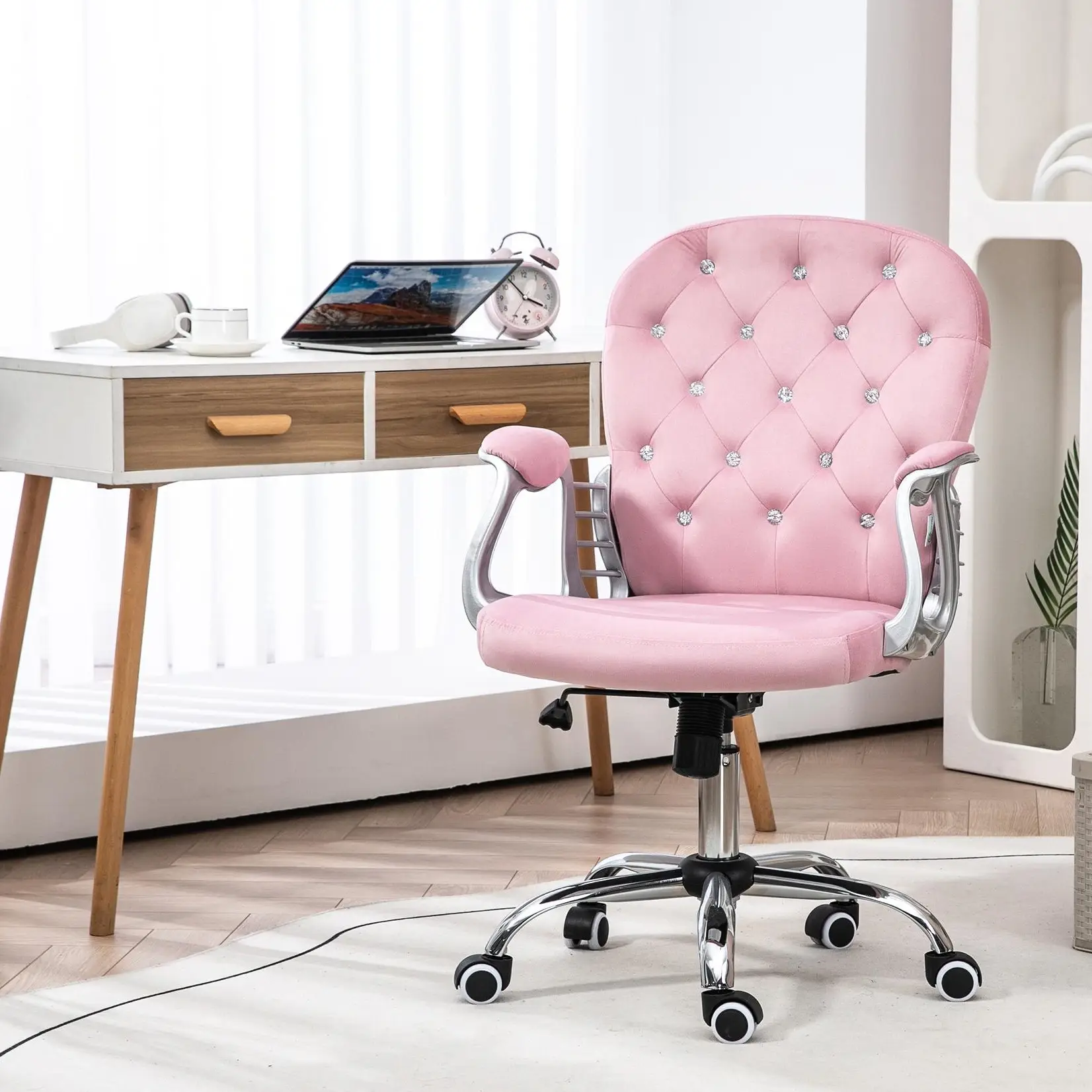 Vinsetto Vanity Mid Back Office Chair Swivel Tufted Backrest Task Chair with Padded Armrests, Adjustable Height, Rolling Wheels