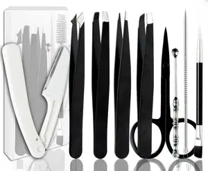[9+1 PCS] Tweezers Kit Tweezer for Women Facial Hair Removal Tweezers Professional Tweezers Set Eyebrow Tweezer, Professional Stainless Steel Eyebrow for Women &Men,Black Beauty Sets