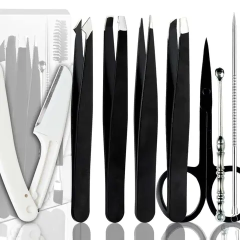 [9+1 PCS] Tweezers Kit Tweezer for Women Facial Hair Removal Tweezers Professional Tweezers Set Eyebrow Tweezer, Professional Stainless Steel Eyebrow for Women &Men,Black Beauty Sets