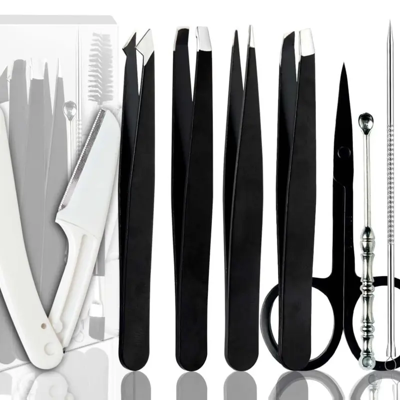 [9+1 PCS] Tweezers Kit Tweezer for Women Facial Hair Removal Tweezers Professional Tweezers Set Eyebrow Tweezer, Professional Stainless Steel Eyebrow for Women &Men,Black Beauty Sets