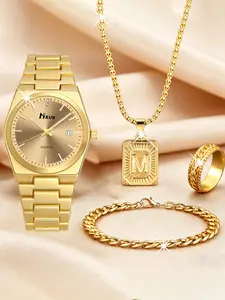 Luxury Gold Watch Set for Men, Business Quartz Watch with Necklace Bracelet Ring, Perfect Gift for Holidays and Special Occasions