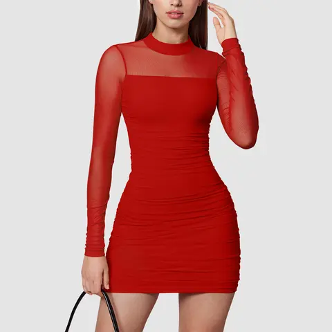 OQQfitness Women's Mesh Sheer Long-Sleeve Mini Bodycon Dress - Soft, Pleated, Shirred, Ruched, S-Type Fabric Womens Dress for Party, Evening Outfits, Womens Dresses