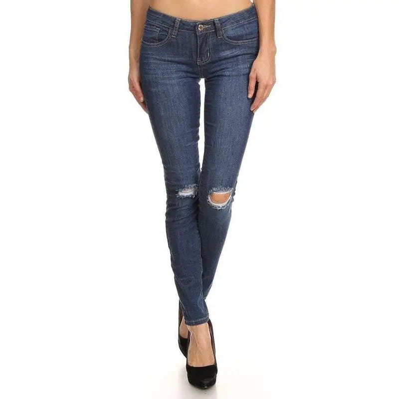 Dark Blue Basic Distressed Denim Skin Jean