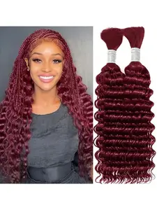 Human Braiding Hair 2 Bundles/Pack 100g Burgundy 99J Curly Deep Wave Bulk Hair for Braiding No Weft Brazilian Virgin Human Braiding Hair for Boho Braids Extensions Braided Hairpieces