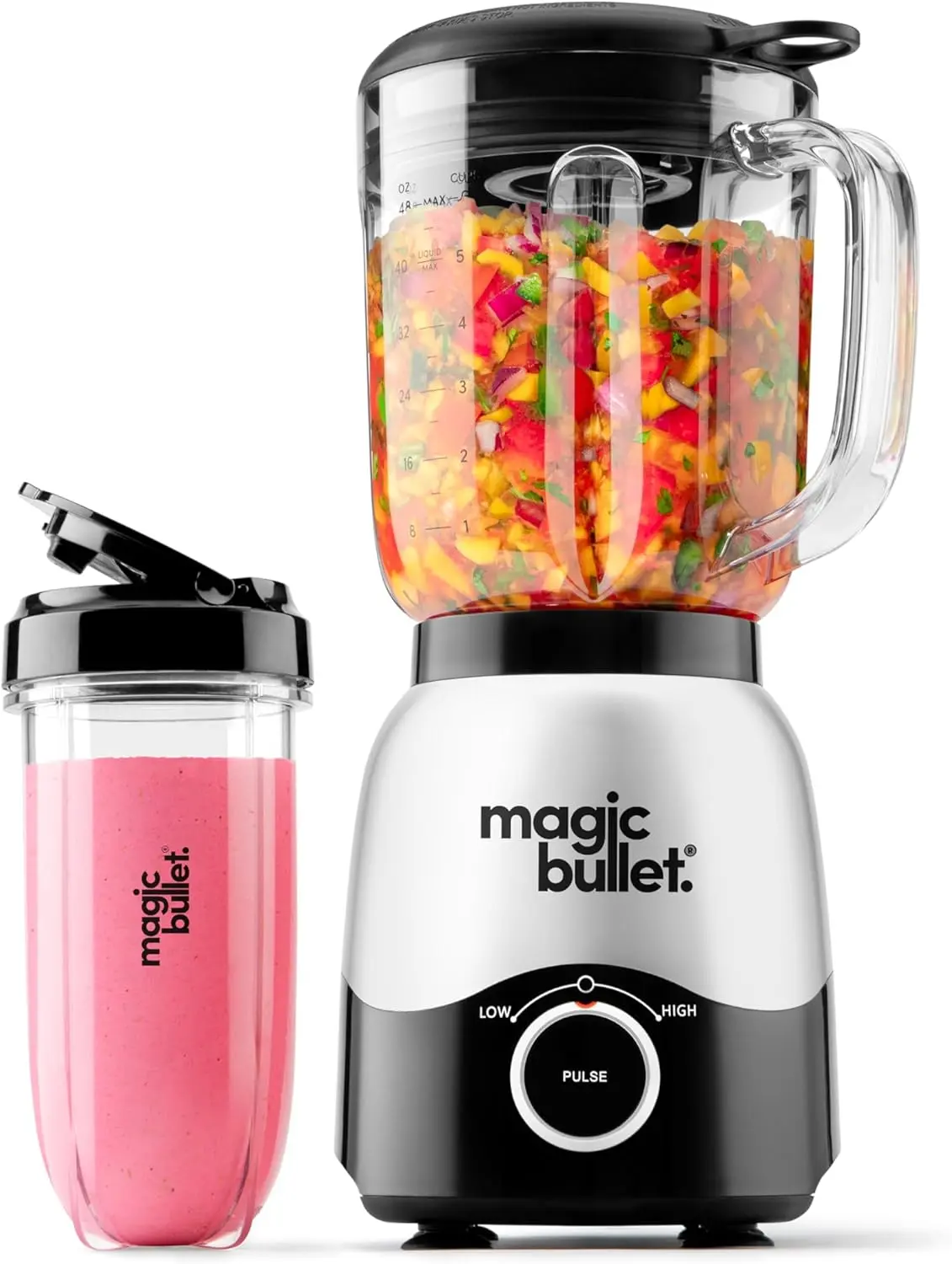 Combo Blender, 600W, 48oz Pitcher, 16oz Cup with To-Go Lid, Easy Cleaning, Cross Blade, for Smoothies, Sauces, Shakes, Salsa, Hot Blends, Silver, MBF50200