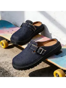 Men's Vintage Denim Half Slippers No Back Design Thick Sole Height Increase Casual Commuter Half Slippers
