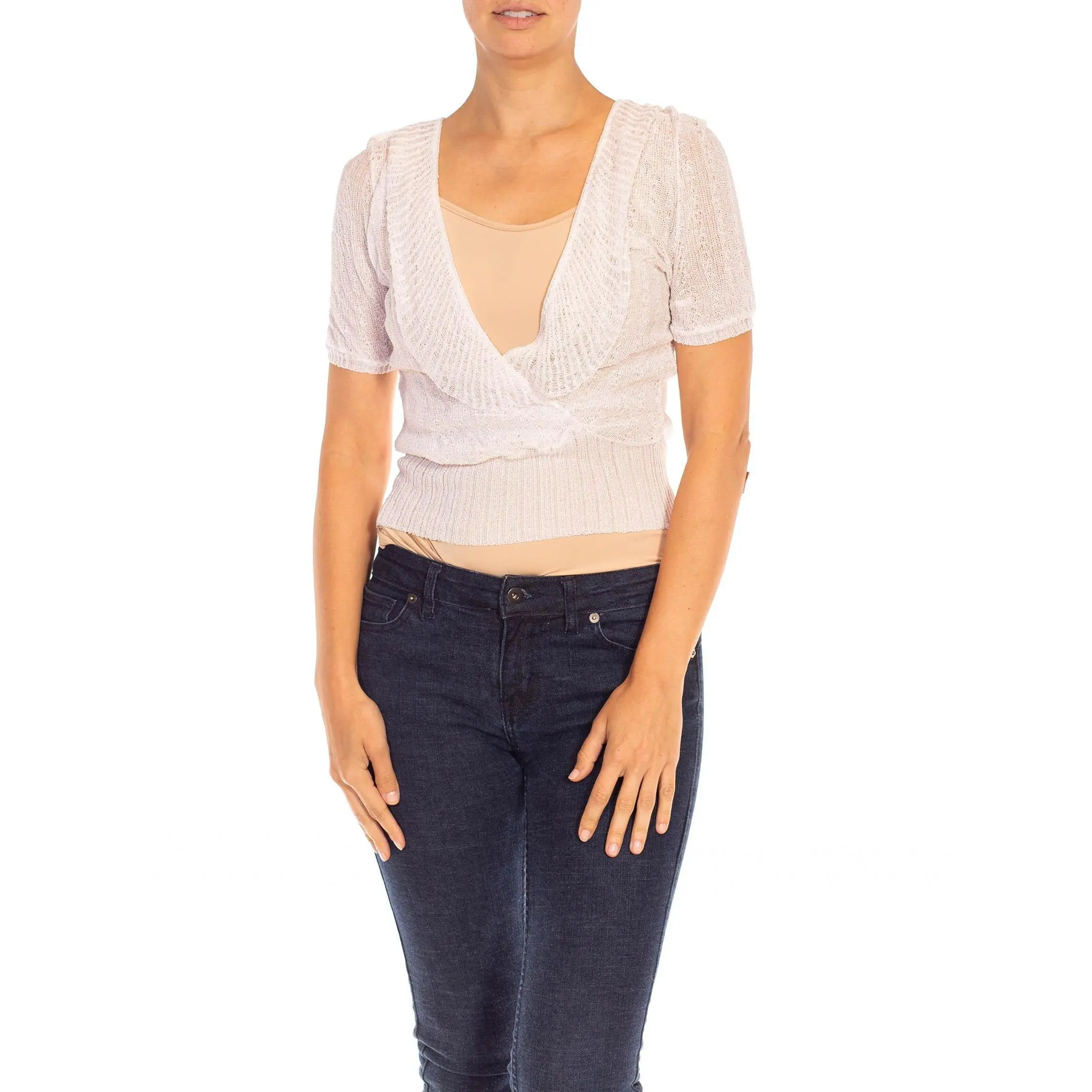 1930S White Rayon Knit Crisscross Ruffle Trim Blouse