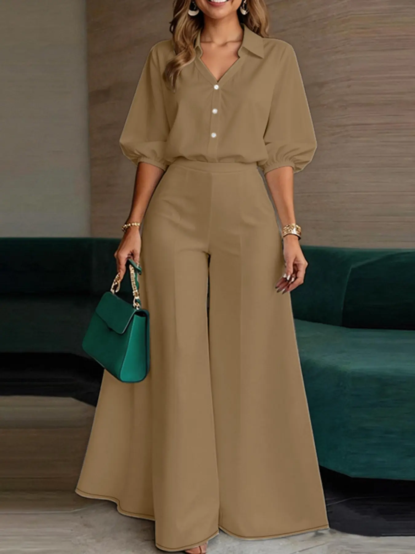 ZANZEA Women's Solid Color Collared Three-Quarter Sleeve Shirt Top + Wide Leg Long Pants Set Suits, Two-Piece for Casual Minimalist Wear Womenswear Casual Outfit Set
