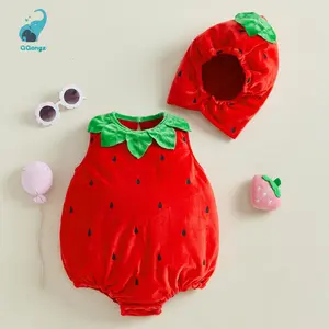 Baby Boy Girl Strawberry Costume Set, Fleece Leaf Trim Sleeveless Strawberry Romper Hat Halloween Cosplay Clothes